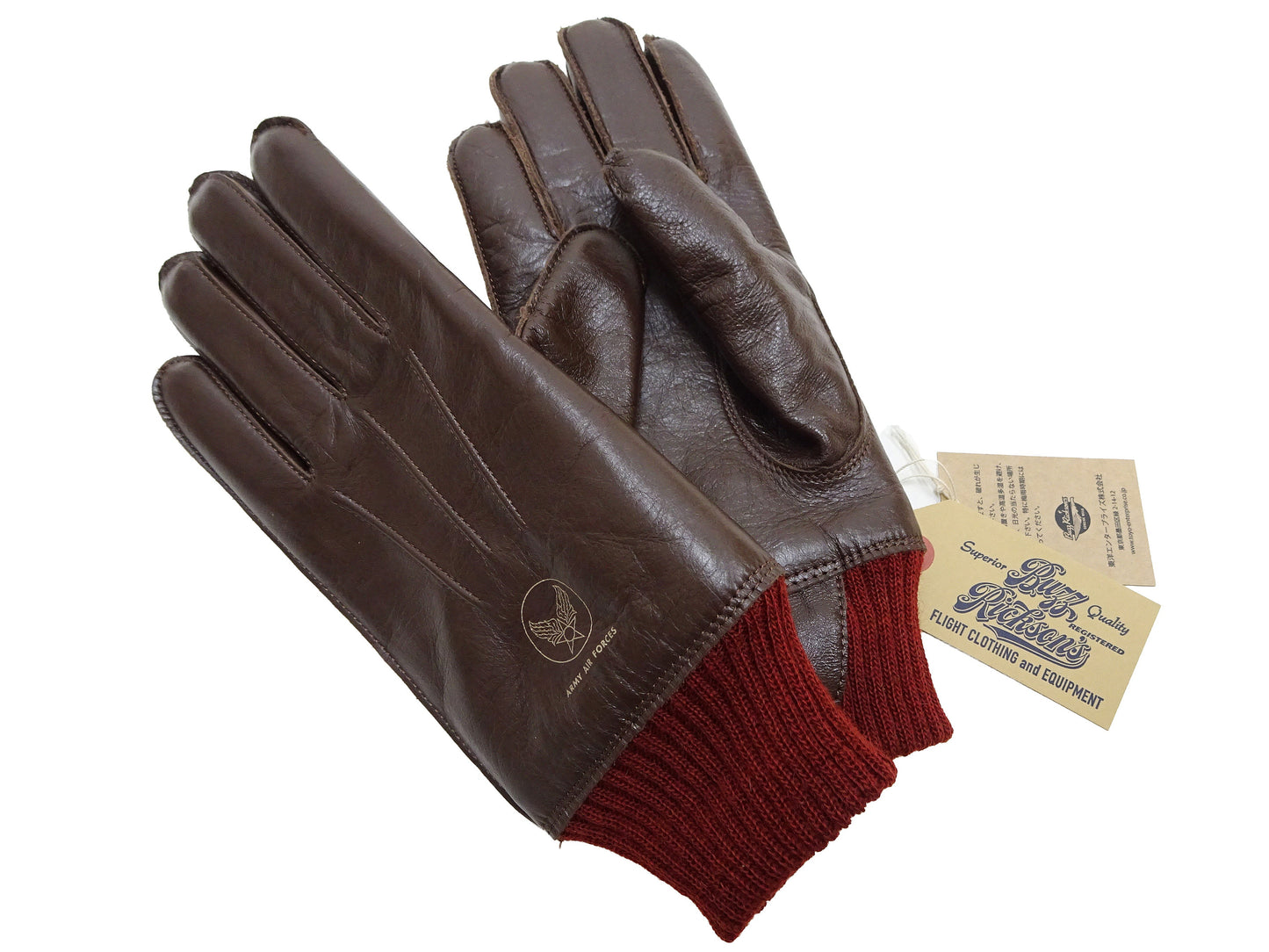 Buzz Rickson Men's Type A-10 Leather Gloves - U.S. Army Air Forces Reproduction - Made in Japan - (BR02835 01 Brown Leather with Red Ribbed Knit Wrist Cuffs)