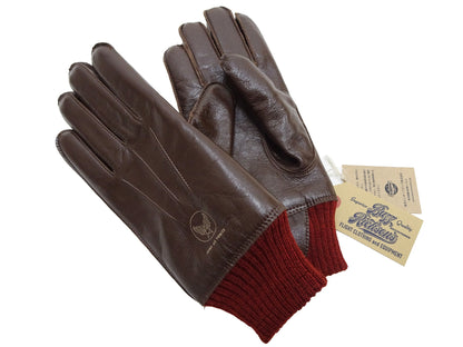 Buzz Rickson Men's Type A-10 Leather Gloves - U.S. Army Air Forces Reproduction - Made in Japan - (BR02835 01 Brown Leather with Red Ribbed Knit Wrist Cuffs)