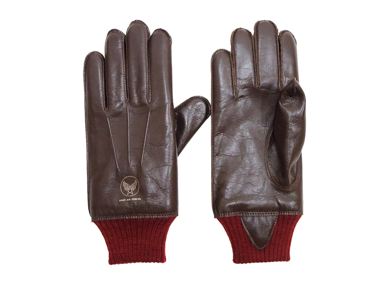 Buzz Rickson Men's Type A-10 Leather Gloves - U.S. Army Air Forces Reproduction - Made in Japan - (BR02835 01 Brown Leather with Red Ribbed Knit Wrist Cuffs)