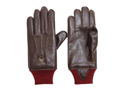 Buzz Rickson Men's Type A-10 Leather Gloves - U.S. Army Air Forces Reproduction - Made in Japan - (BR02835 01 Brown Leather with Red Ribbed Knit Wrist Cuffs)