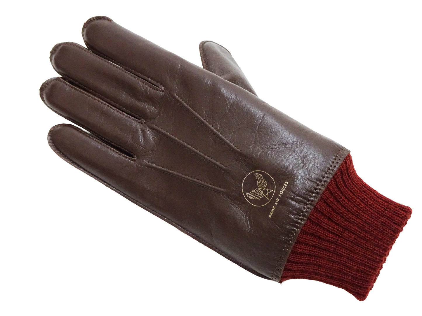 Buzz Rickson Men's Type A-10 Leather Gloves - U.S. Army Air Forces Reproduction - Made in Japan - (BR02835 01 Brown Leather with Red Ribbed Knit Wrist Cuffs)