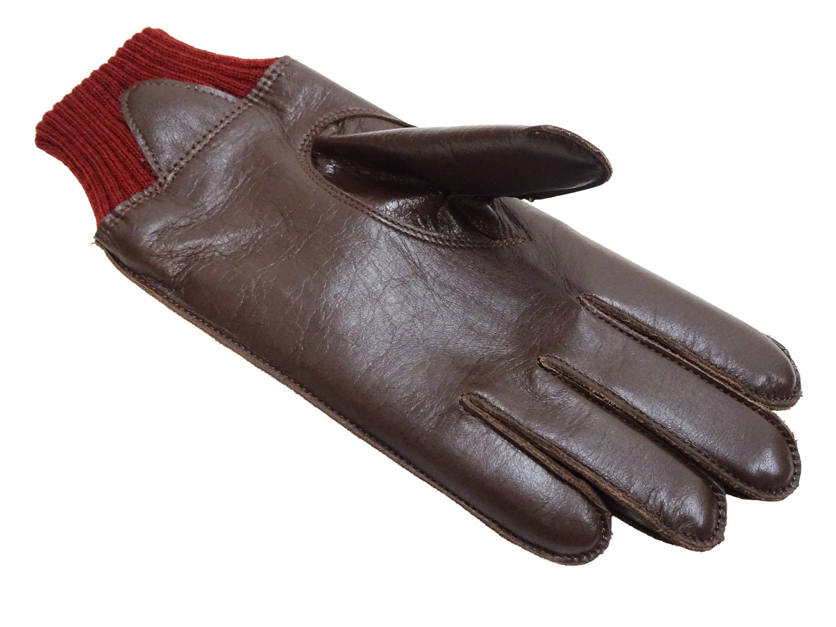 Buzz Rickson Men's Type A-10 Leather Gloves - U.S. Army Air Forces Reproduction - Made in Japan - (BR02835 01 Brown Leather with Red Ribbed Knit Wrist Cuffs)
