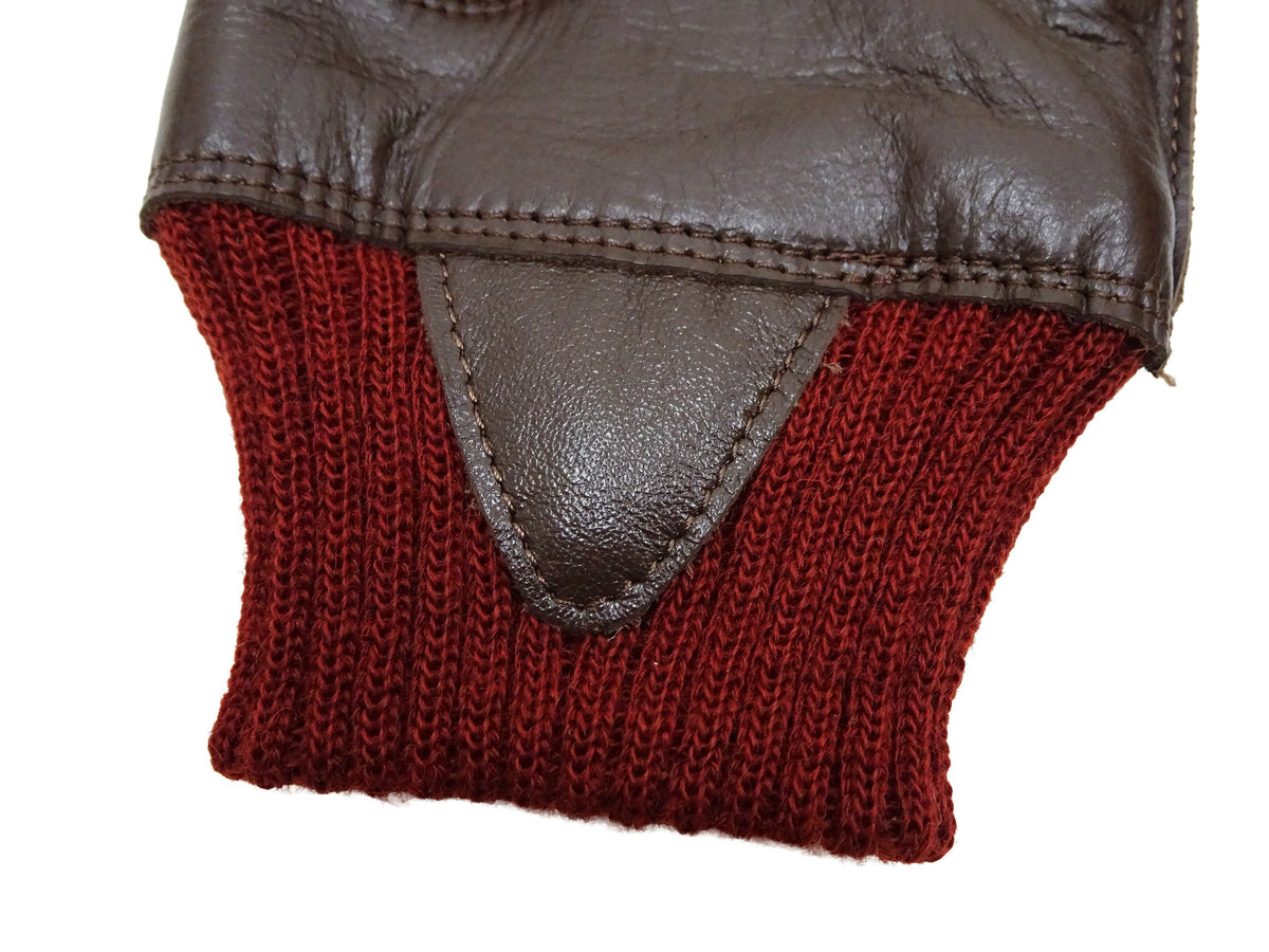 Buzz Rickson Men's Type A-10 Leather Gloves - U.S. Army Air Forces Reproduction - Made in Japan - (BR02835 01 Brown Leather with Red Ribbed Knit Wrist Cuffs)