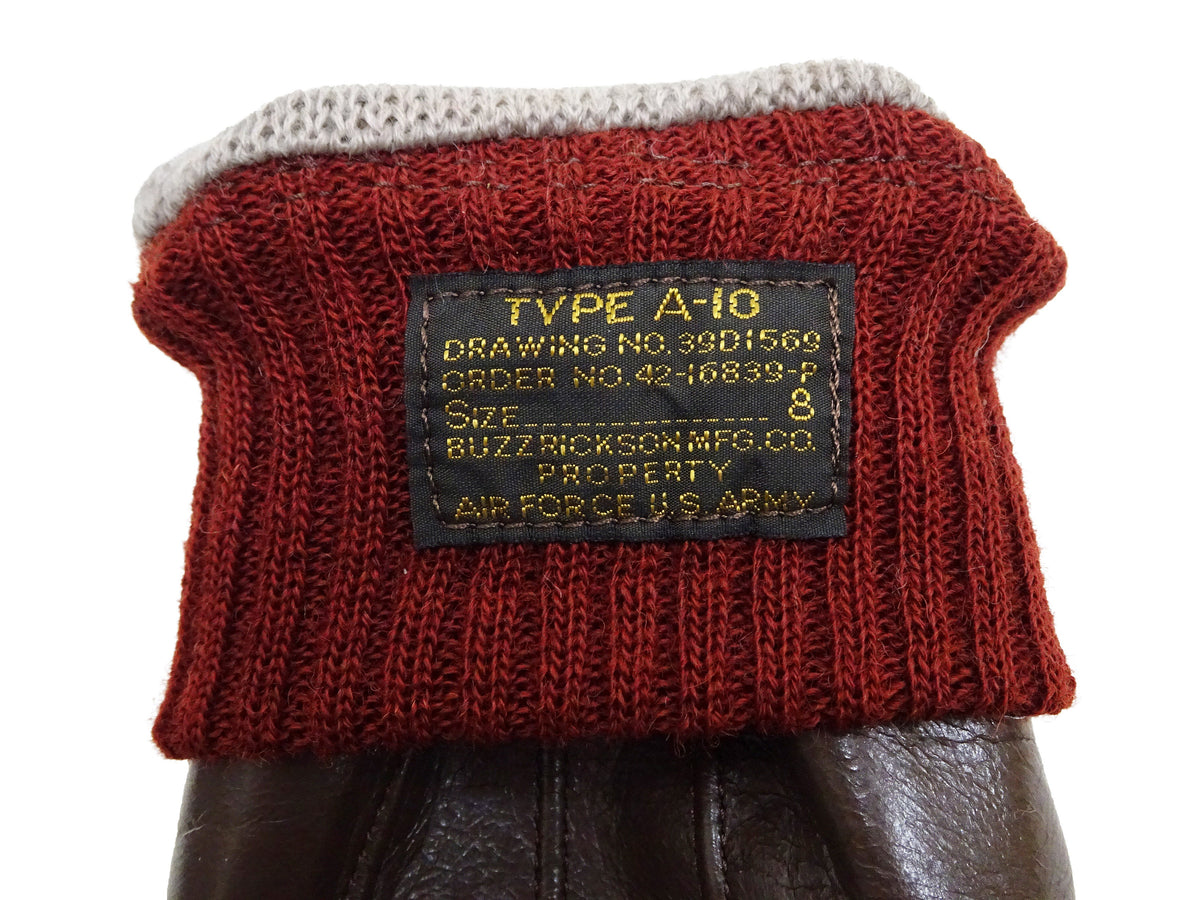 Buzz Rickson Men's Type A-10 Leather Gloves - U.S. Army Air Forces Reproduction - Made in Japan - (BR02835 01 Brown Leather with Red Ribbed Knit Wrist Cuffs)
