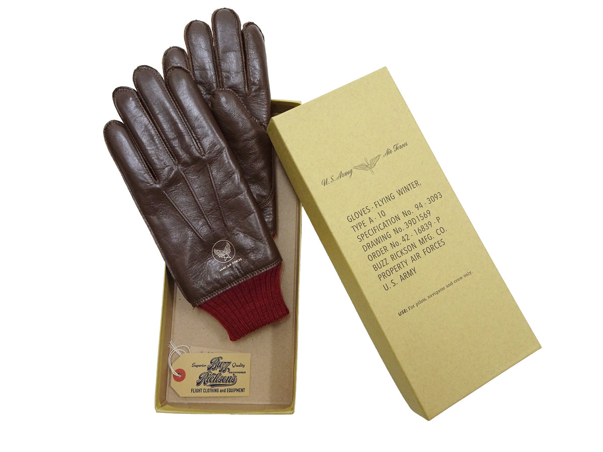 Buzz Rickson Men's Type A-10 Leather Gloves - U.S. Army Air Forces Reproduction - Made in Japan - (BR02835 01 Brown Leather with Red Ribbed Knit Wrist Cuffs)