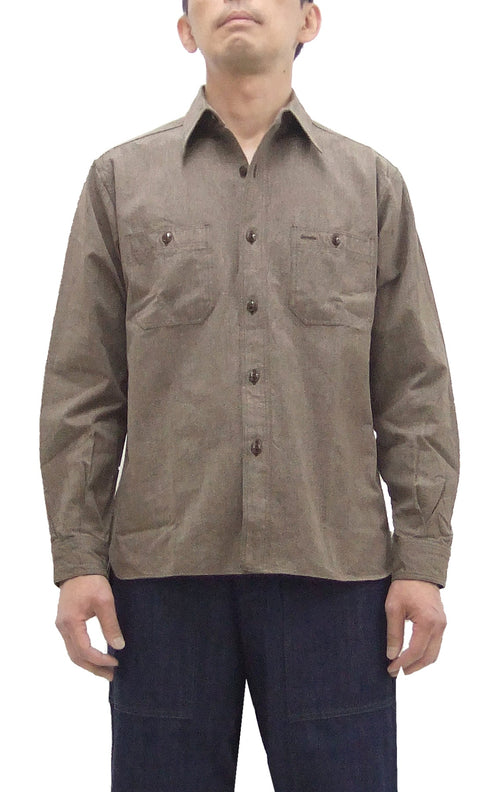 Buzz Rickson Cotton Covert Work Shirt - Men's Casual Vintage-Style Long Sleeve Button Up Shirt BR26082 138 Heathered-Brown