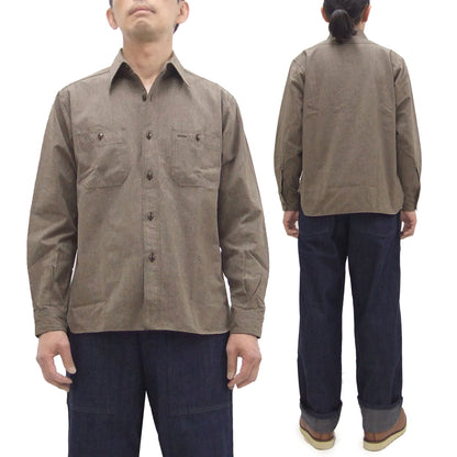 Buzz Rickson Cotton Covert Work Shirt - Men's Casual Vintage-Style Long Sleeve Button Up Shirt BR26082 138 Heathered-Brown