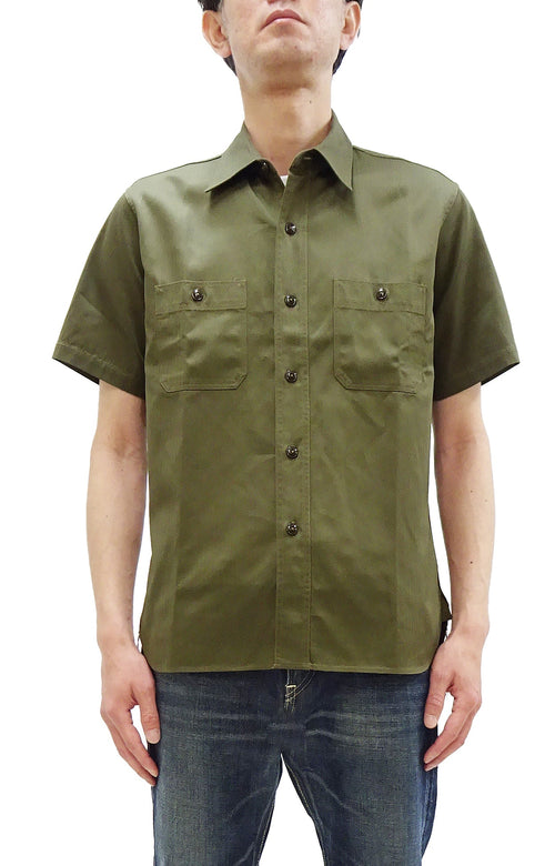 Buzz Rickson Herringbone Work Shirt - Men's Casual Military-Inspired Solid HBT Short-Sleeve Button-Up Shirt BR39530 149) Olive