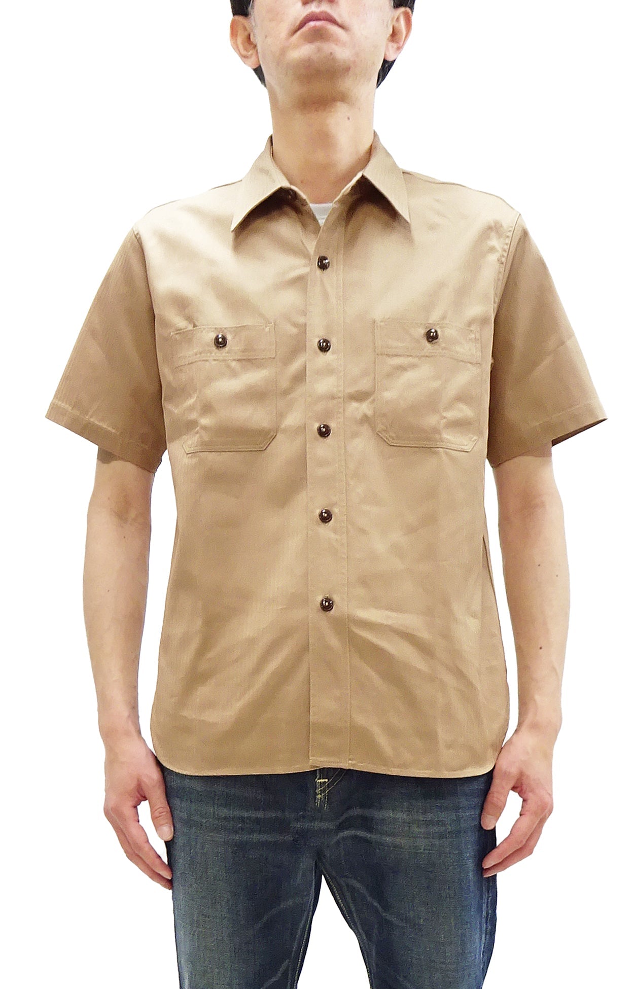 Buzz Rickson Herringbone Work Shirt - Men's Casual Military-Inspired Solid HBT Short-Sleeve Button-Up Shirt BR39530 133) Beige