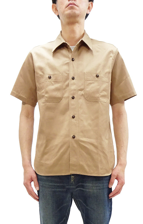 Buzz Rickson Herringbone Work Shirt - Men's Casual Military-Inspired Solid HBT Short-Sleeve Button-Up Shirt BR39530 133) Beige