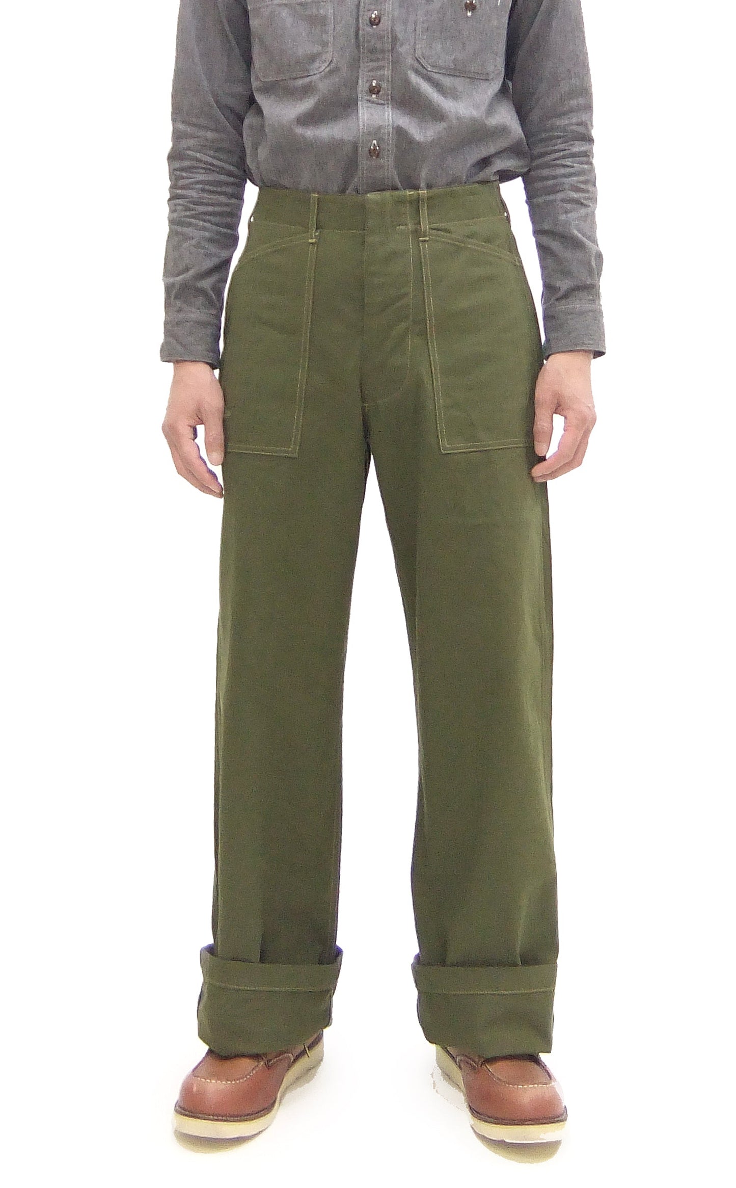 Buzz Rickson Herringbone Pants Men's Baggy Straight, Button Fly, Olive - U.S. Marine Corps M-1941 Utility Trousers Repro