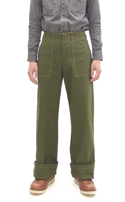 Buzz Rickson Herringbone Pants Men's Baggy Straight, Button Fly, Olive - U.S. Marine Corps M-1941 Utility Trousers Repro