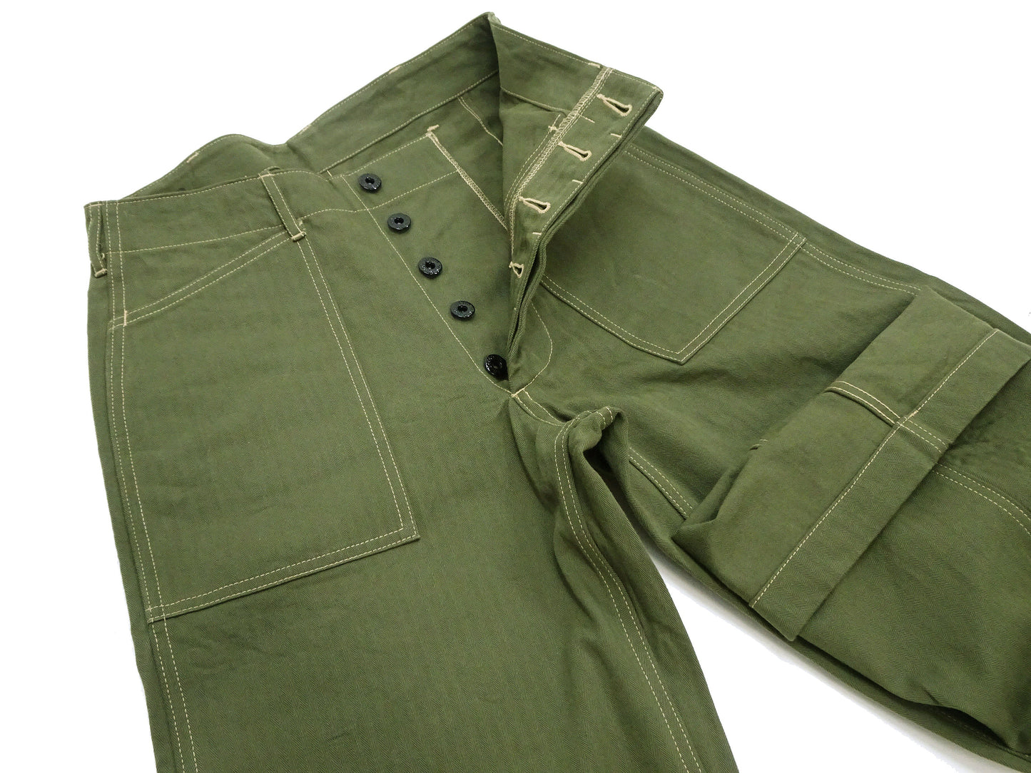 Buzz Rickson Herringbone Pants Men's Baggy Straight, Button Fly, Olive - U.S. Marine Corps M-1941 Utility Trousers Repro