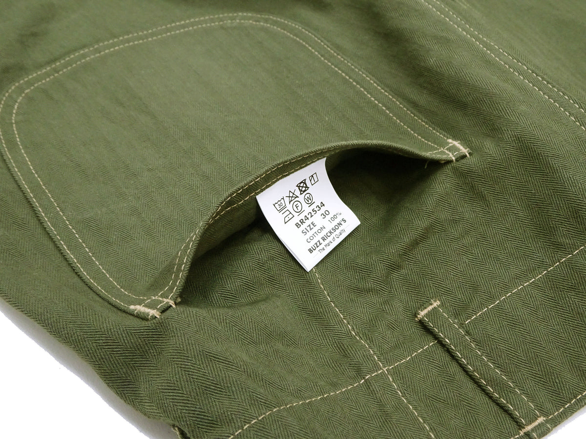 Buzz Rickson Herringbone Pants Men's Baggy Straight, Button Fly, Olive - U.S. Marine Corps M-1941 Utility Trousers Repro