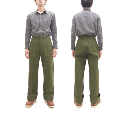 Buzz Rickson Herringbone Pants Men's Baggy Straight, Button Fly, Olive - U.S. Marine Corps M-1941 Utility Trousers Repro