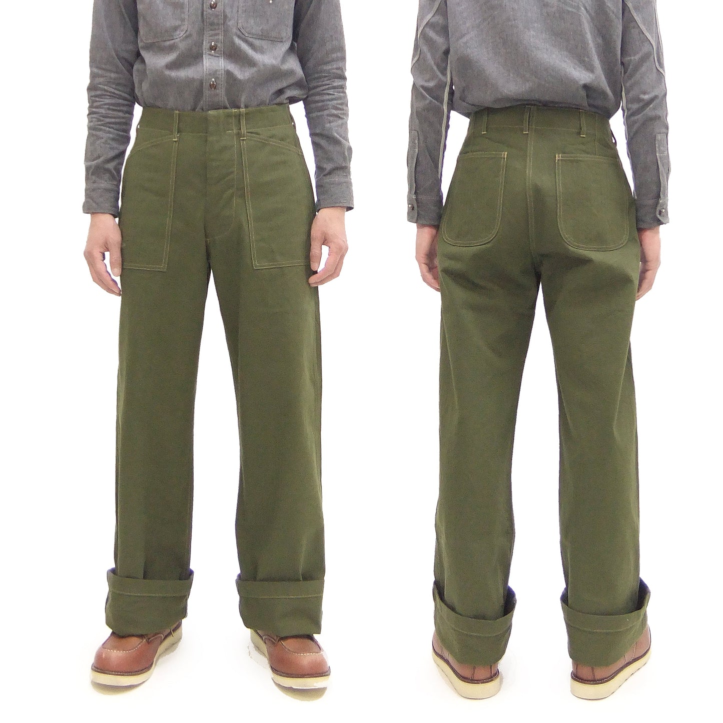 Buzz Rickson Herringbone Pants Men's Baggy Straight, Button Fly, Olive - U.S. Marine Corps M-1941 Utility Trousers Repro