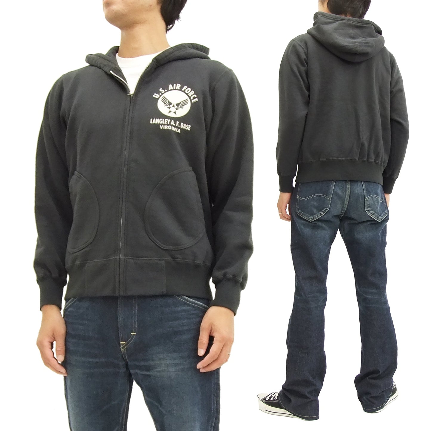 Buzz Rickson Hoodie Men's USAAF Insignia Hoodie Zip Front Hooded Sweatshirt BR65599 Faded-Black