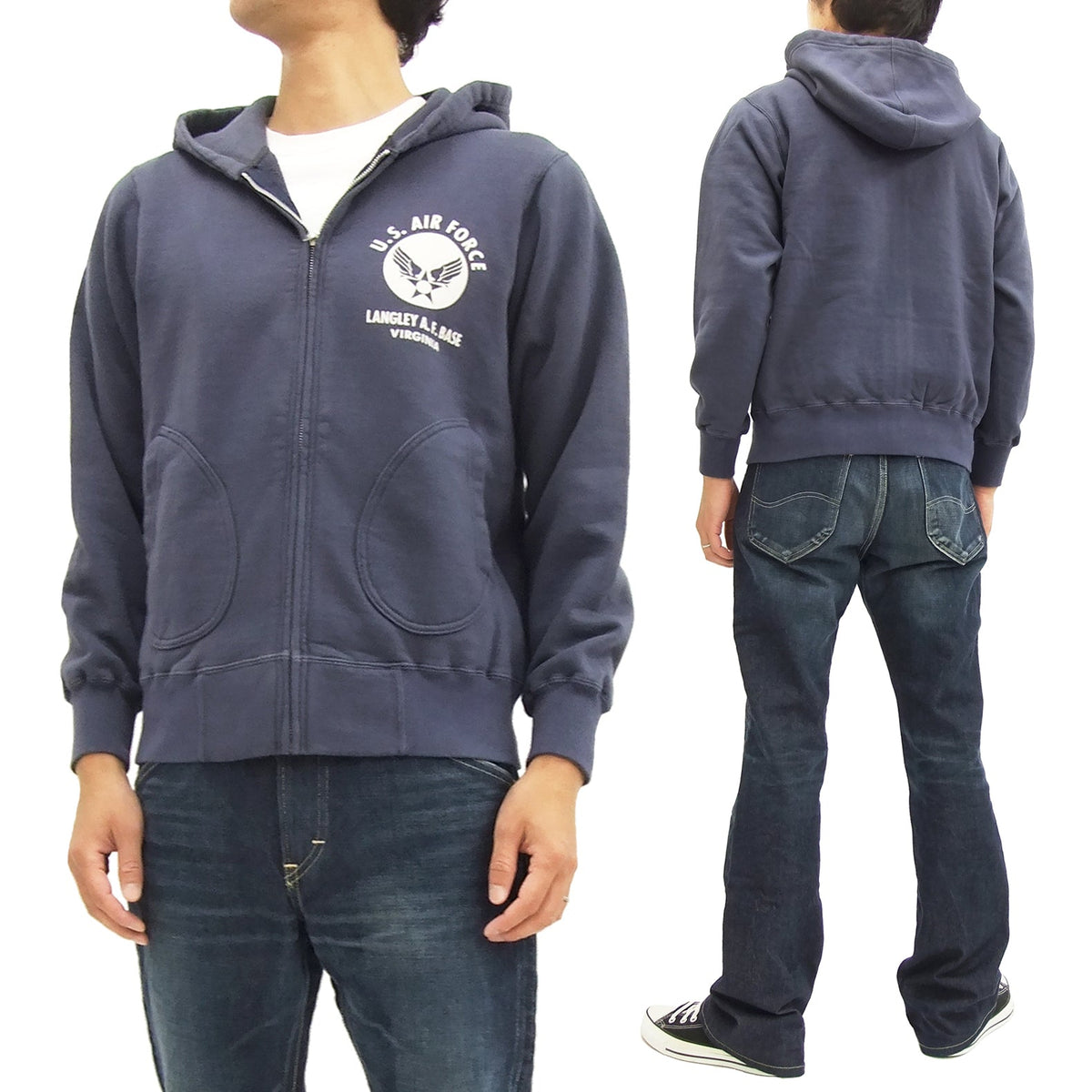 Buzz Rickson Hoodie Men's USAAF Insignia Hoodie Zip Front Hooded Sweatshirt BR65599 Faded-Navy-Blue