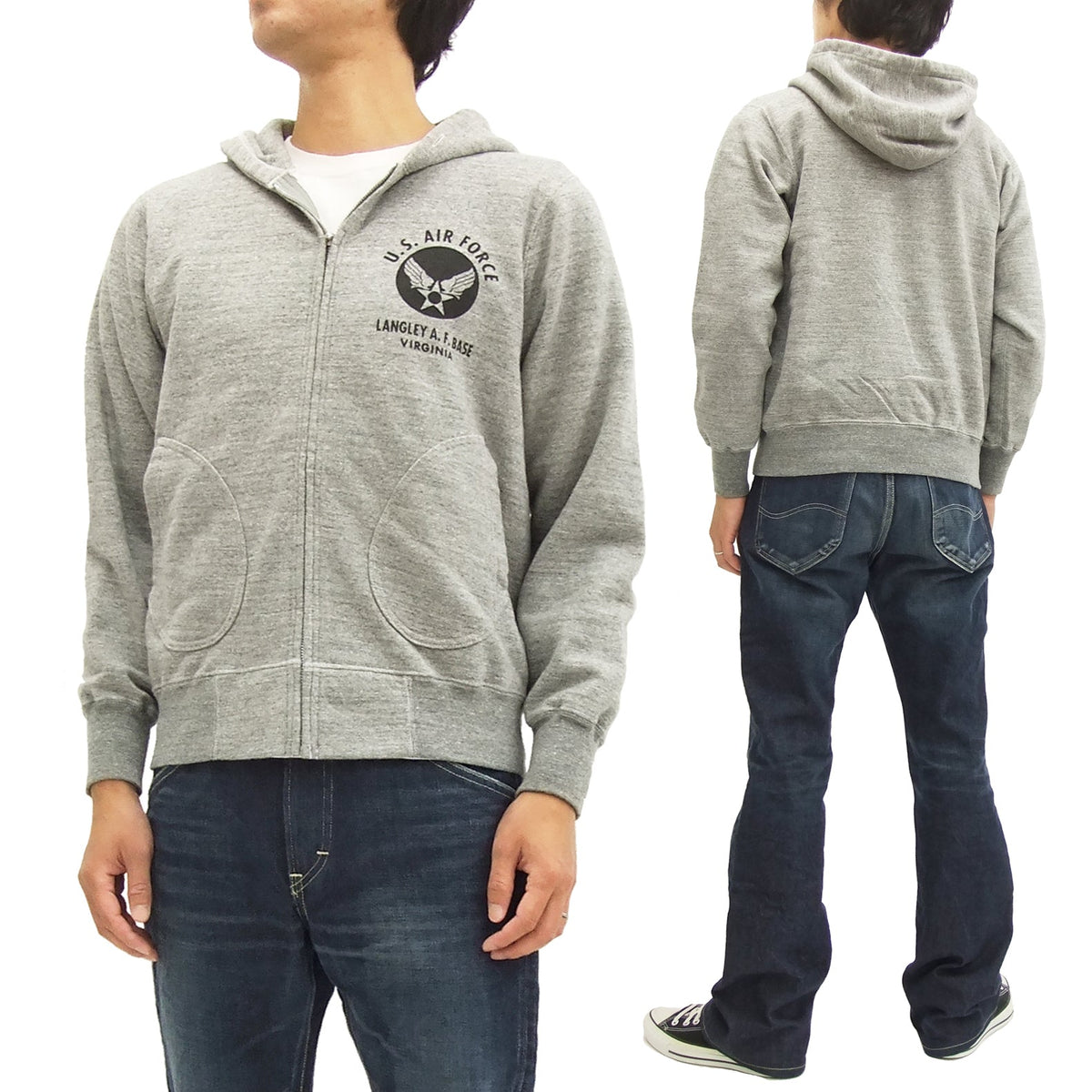 Buzz Rickson Hoodie Men's USAAF Insignia Hoodie Zip Front Hooded Sweatshirt BR65599 Heather-Gray