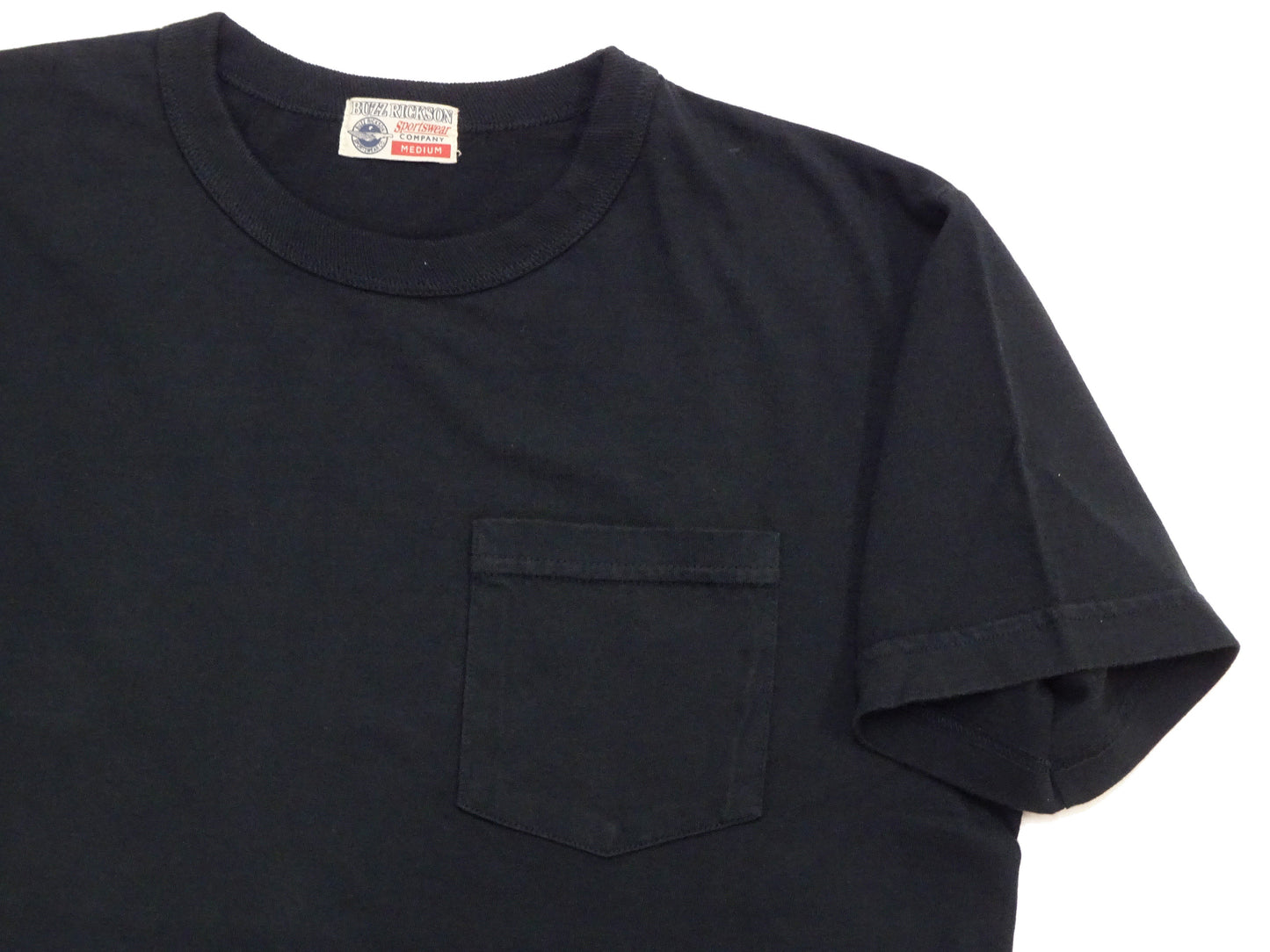 Buzz Rickson Men's Plain Short Sleeve Pocket T-Shirt, Made in USA, 6 oz. Ring-Spun Cotton Tubular-Knit Jersey Tee (BR78711 119 Black)