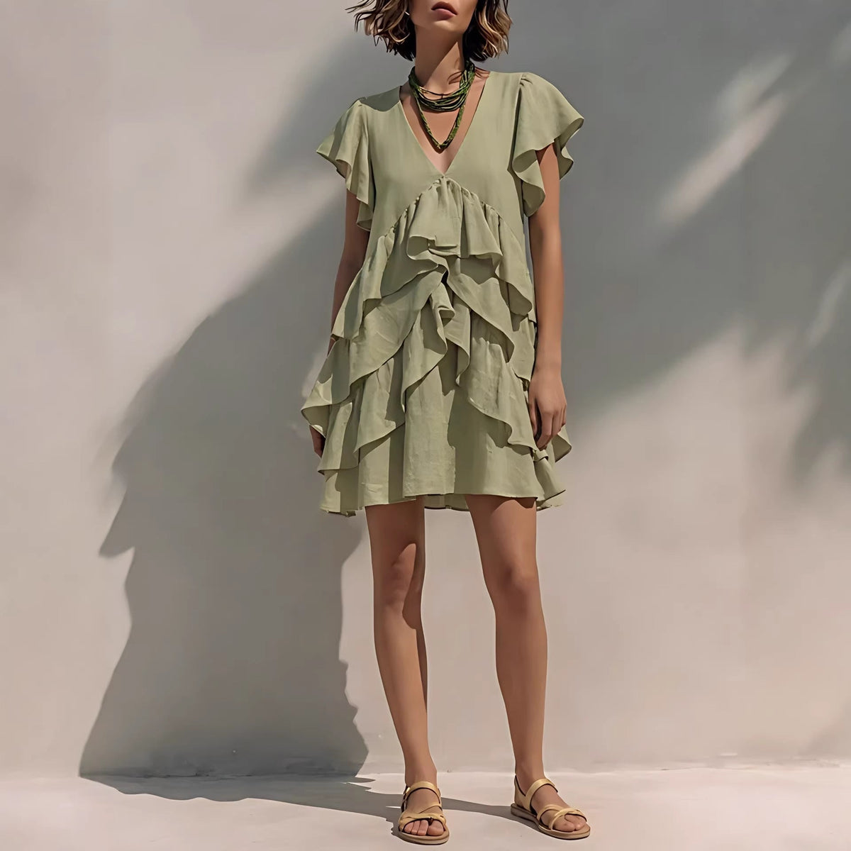 Women's V-Neck Ruffle Sleeve Casual Loose Dress