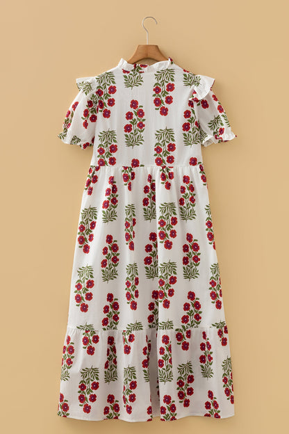 White Floral Print V Neck 3/4 Sleeve Loose Mini Dress
