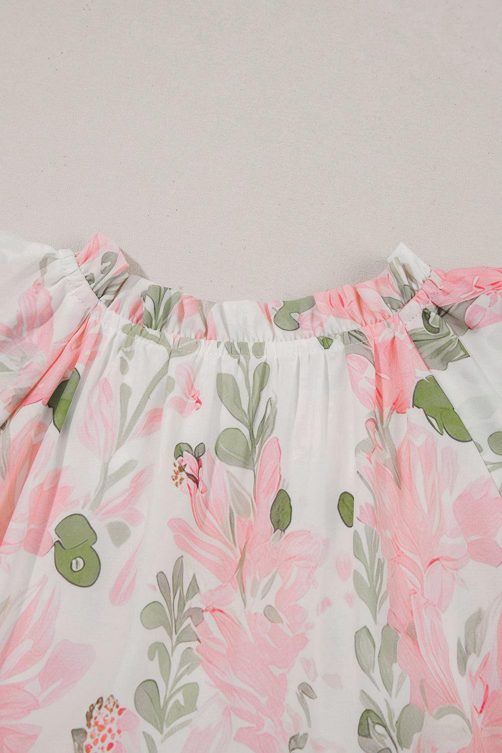 Pink Floral Contrast Edge Ruffle Sleeve Tie Neck Mini Dress