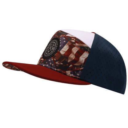 **ADULT** Color Vibes Hat - Flat Bill - Silk Flag - Dark Red / White / Navy - Laser Mesh
