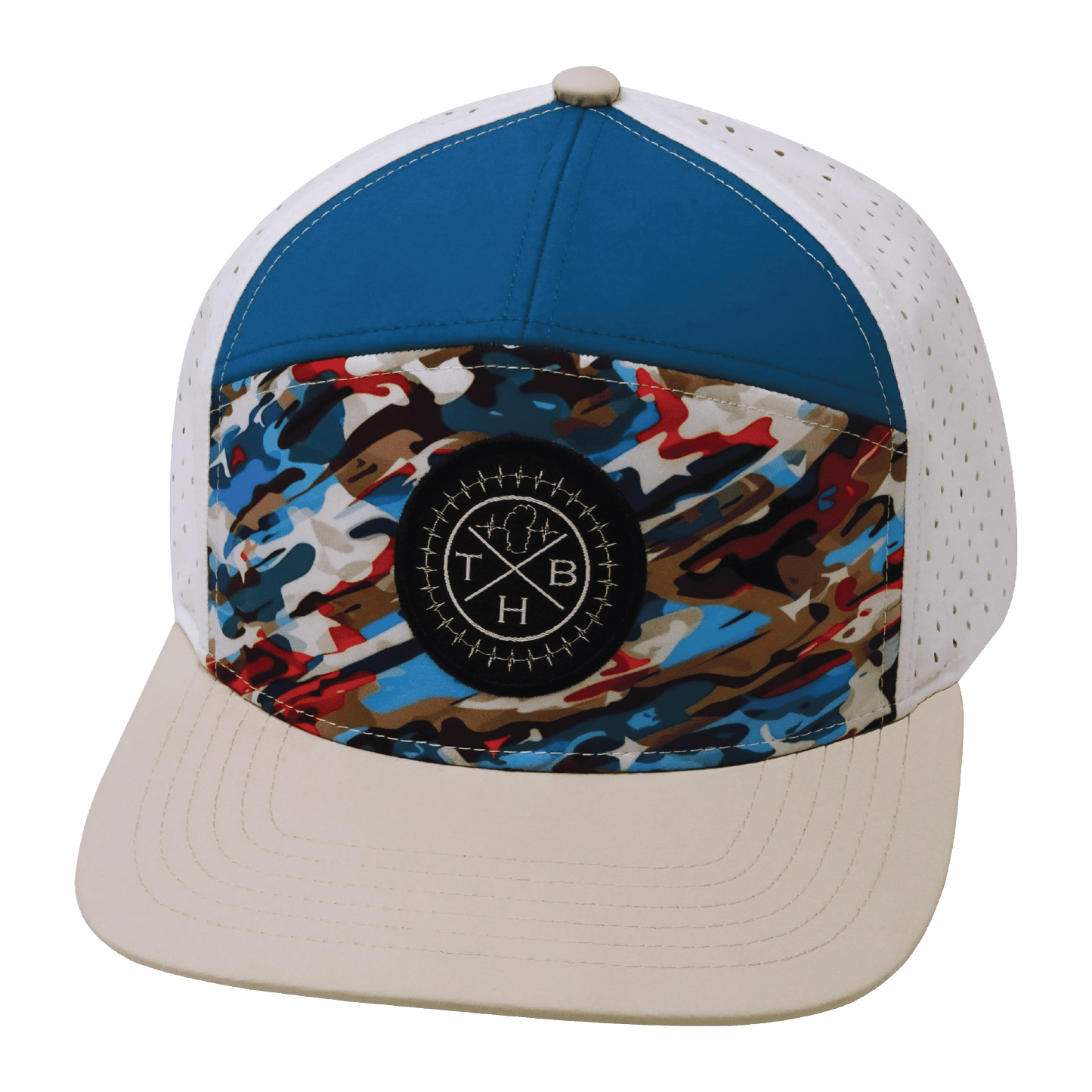**ADULT** Color Vibes Hat - Flat Bill - Party Camo - Cream / Blue / White - Laser Mesh