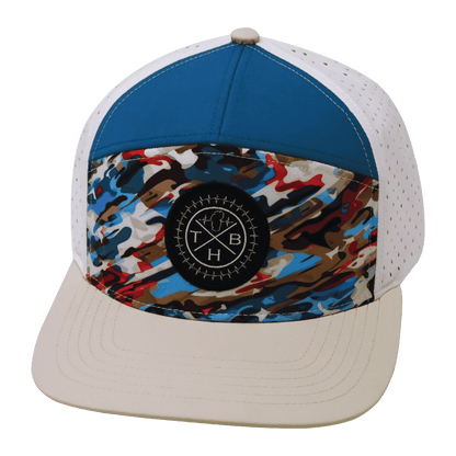 **ADULT** Color Vibes Hat - Flat Bill - Party Camo - Cream / Blue / White - Laser Mesh