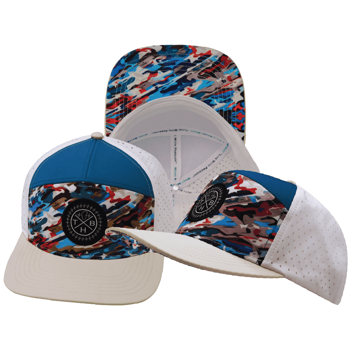 **ADULT** Color Vibes Hat - Flat Bill - Party Camo - Cream / Blue / White - Laser Mesh