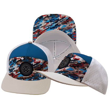 **ADULT** Color Vibes Hat - Flat Bill - Party Camo - Cream / Blue / White - Laser Mesh
