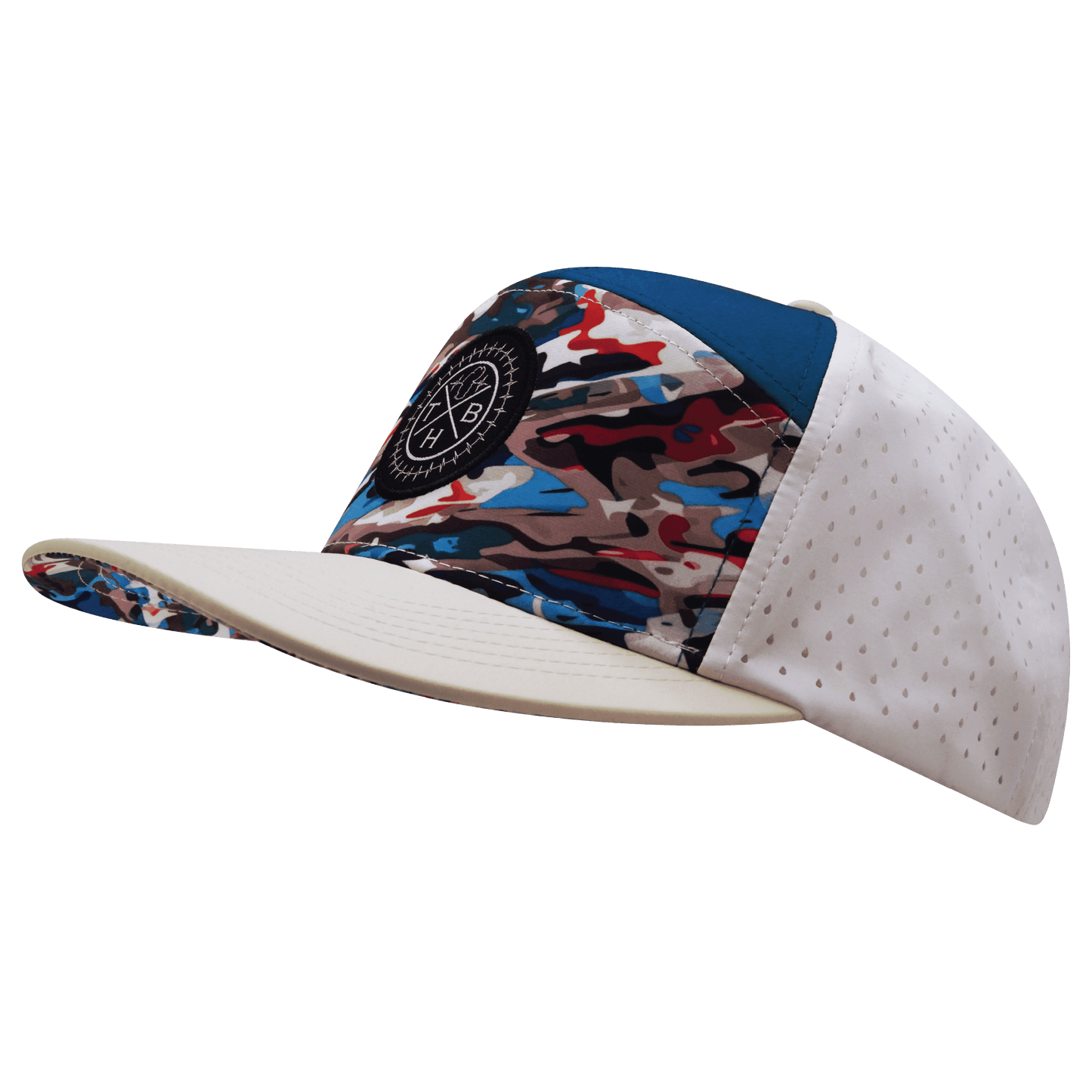**ADULT** Color Vibes Hat - Flat Bill - Party Camo - Cream / Blue / White - Laser Mesh