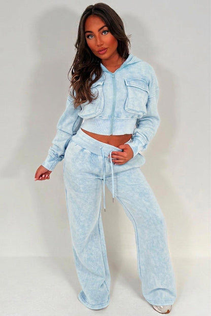 Crop Hoodie And Jogger Tracksuit Co Ord With Pockets Sky Blue