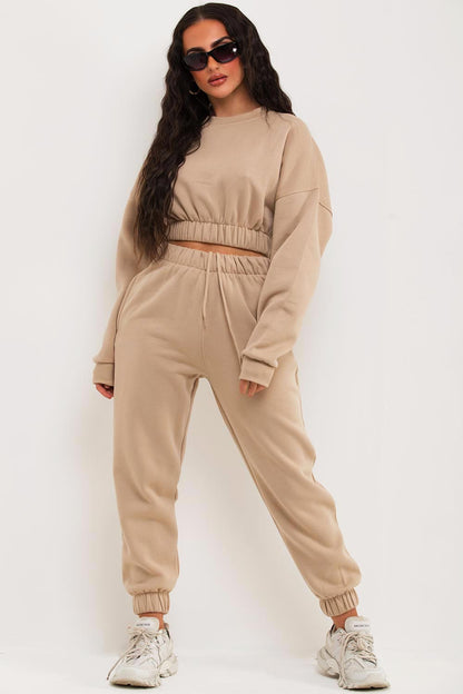 Crop Sweatshirt And Joggers Tracksuit Beige