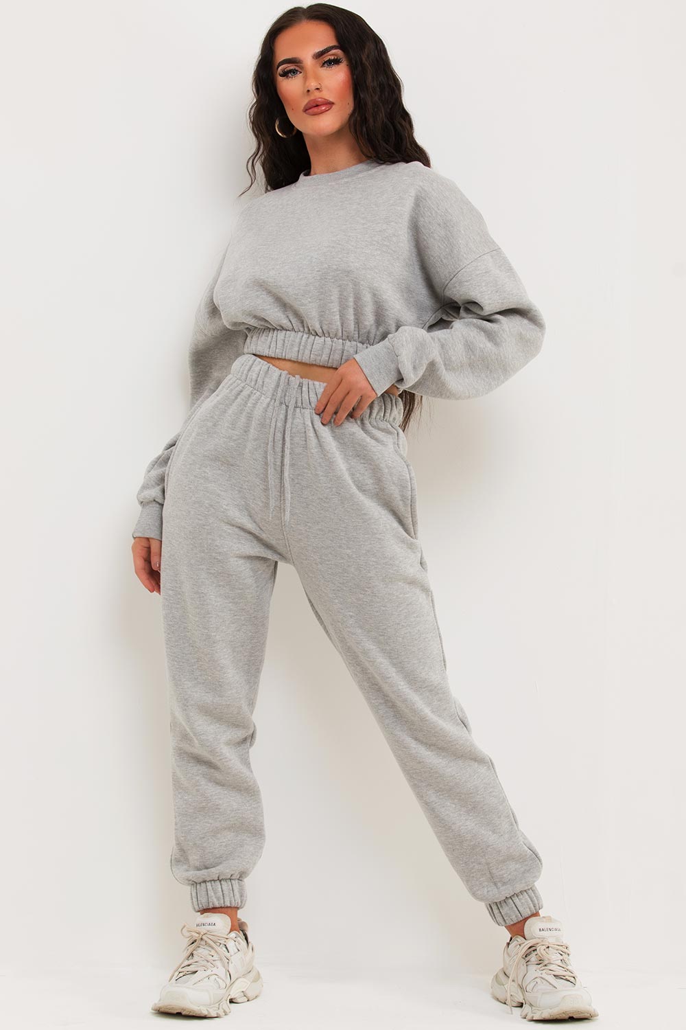 Crop Sweatshirt And Joggers Tracksuit Grey