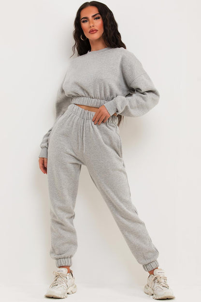 Crop Sweatshirt And Joggers Tracksuit Grey