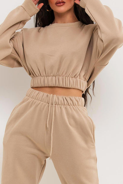 Crop Sweatshirt And Joggers Tracksuit Beige