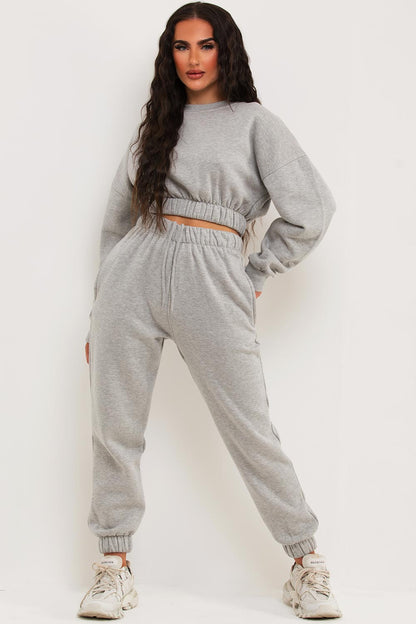 Crop Sweatshirt And Joggers Tracksuit Grey