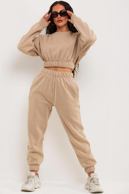 Crop Sweatshirt And Joggers Tracksuit Beige