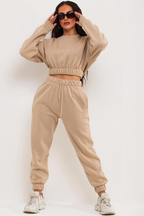 Crop Sweatshirt And Joggers Tracksuit Beige