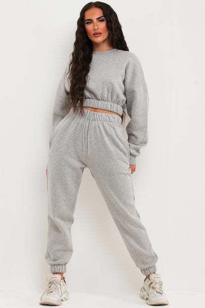Crop Sweatshirt And Joggers Tracksuit Grey