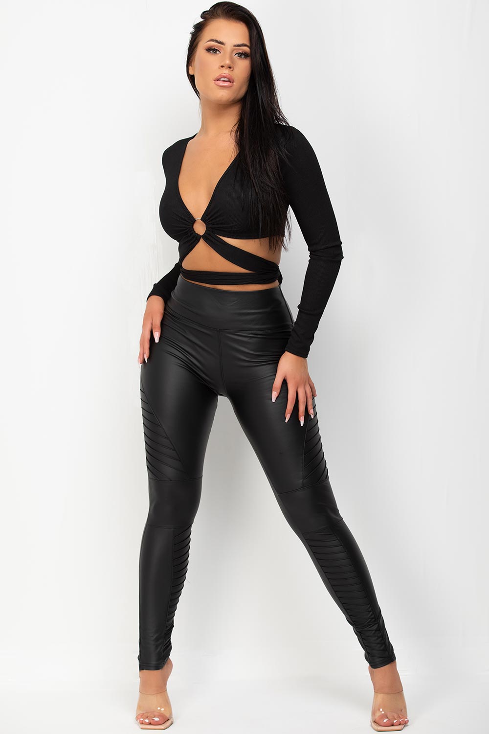Cut Out Ring Detail Long Sleeve Crop Top Black