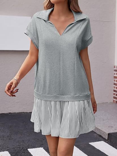 Fisoew Striped Patchwork Polo V‑Neck Mini Dress with Pockets