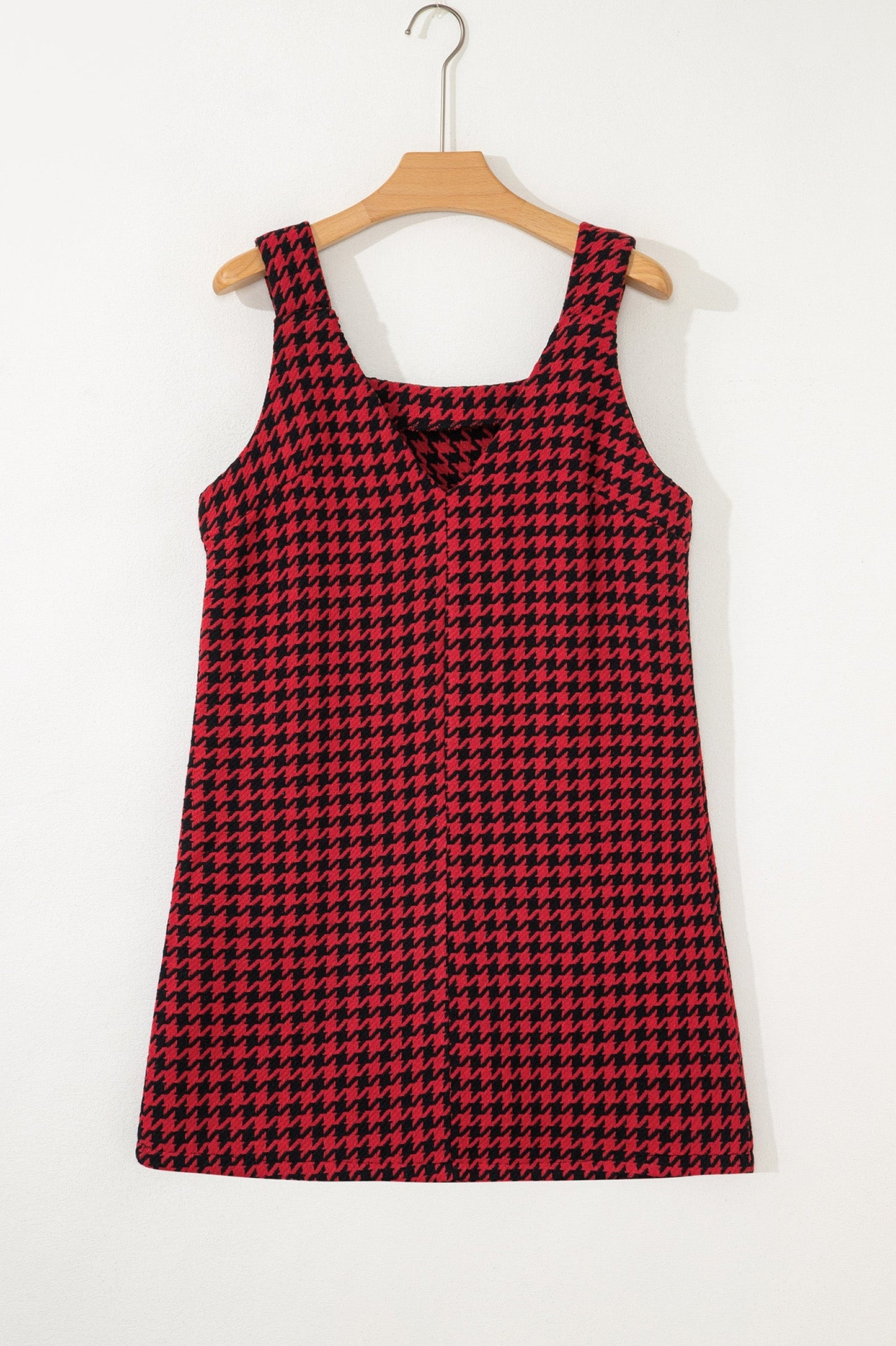 Khaki Houndstooth Print V Neck Sleeveless Mini Dress