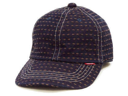 Studio D'Artisan Men's Indigo Denim Baseball Cap with Persimmon-Dyed Sashiko Stitching, Non-Mesh, Pre-Curved Visor, Adjustable Strapback - Made in Japan (SDA D7578)