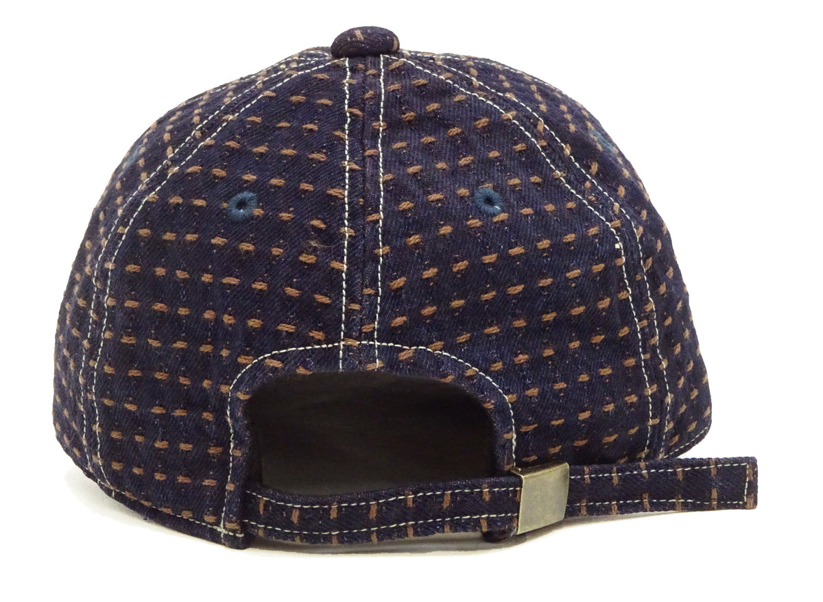 Studio D'Artisan Men's Indigo Denim Baseball Cap with Persimmon-Dyed Sashiko Stitching, Non-Mesh, Pre-Curved Visor, Adjustable Strapback - Made in Japan (SDA D7578)