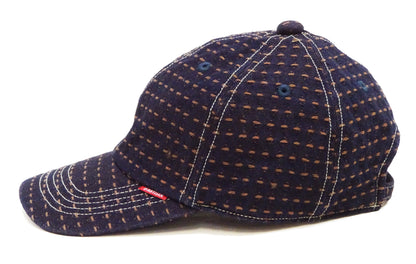 Studio D'Artisan Men's Indigo Denim Baseball Cap with Persimmon-Dyed Sashiko Stitching, Non-Mesh, Pre-Curved Visor, Adjustable Strapback - Made in Japan (SDA D7578)