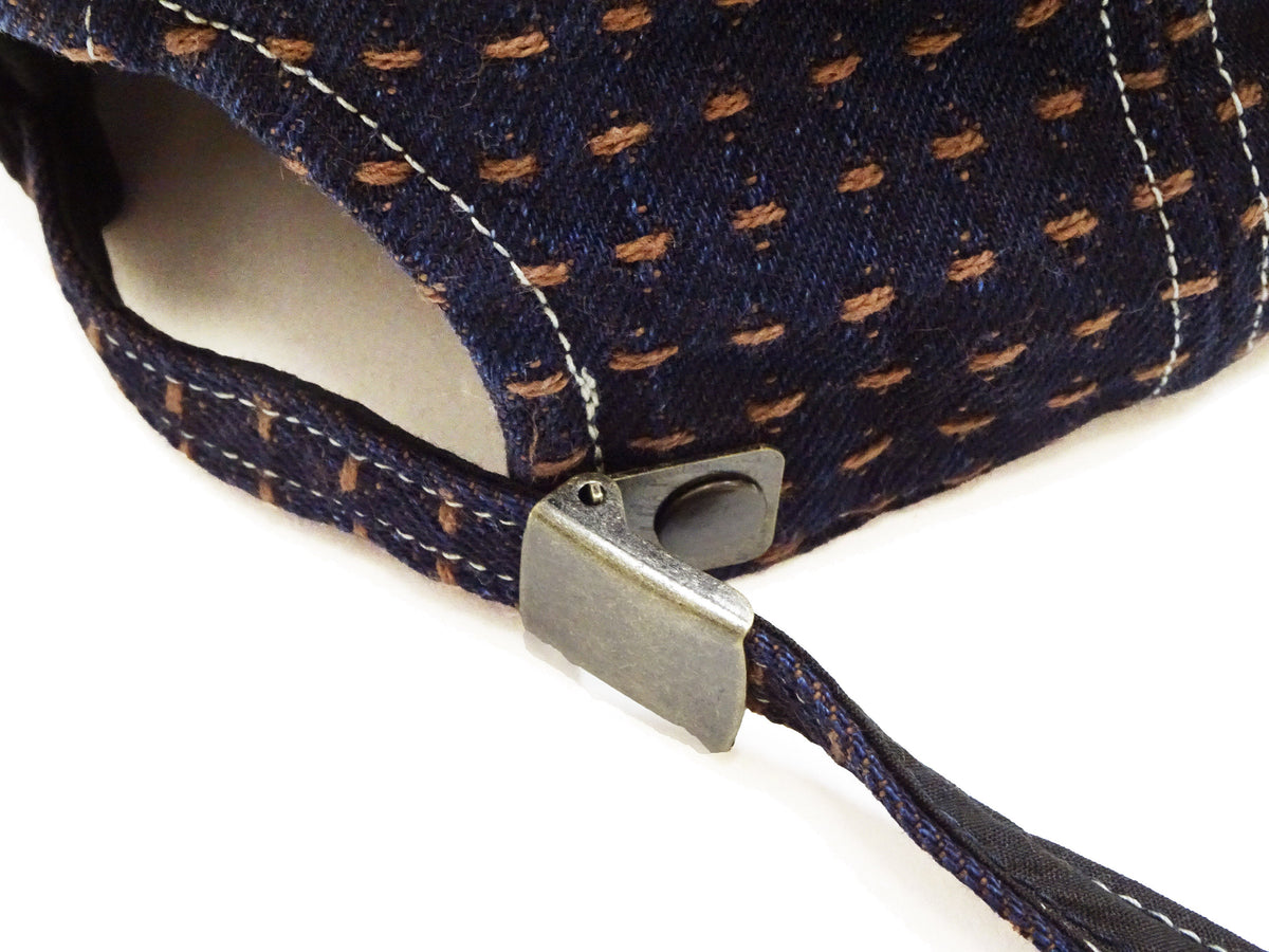 Studio D'Artisan Men's Indigo Denim Baseball Cap with Persimmon-Dyed Sashiko Stitching, Non-Mesh, Pre-Curved Visor, Adjustable Strapback - Made in Japan (SDA D7578)