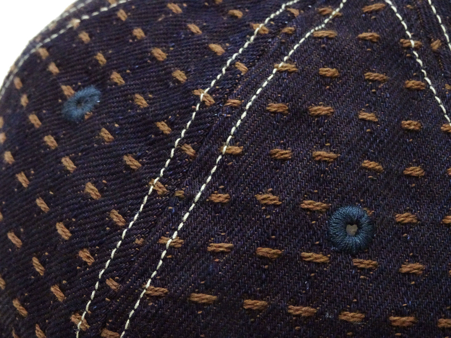 Studio D'Artisan Men's Indigo Denim Baseball Cap with Persimmon-Dyed Sashiko Stitching, Non-Mesh, Pre-Curved Visor, Adjustable Strapback - Made in Japan (SDA D7578)